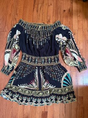 Camilla with Love Off Shoulder 100% Silk Black Printed Mini Dress L Large